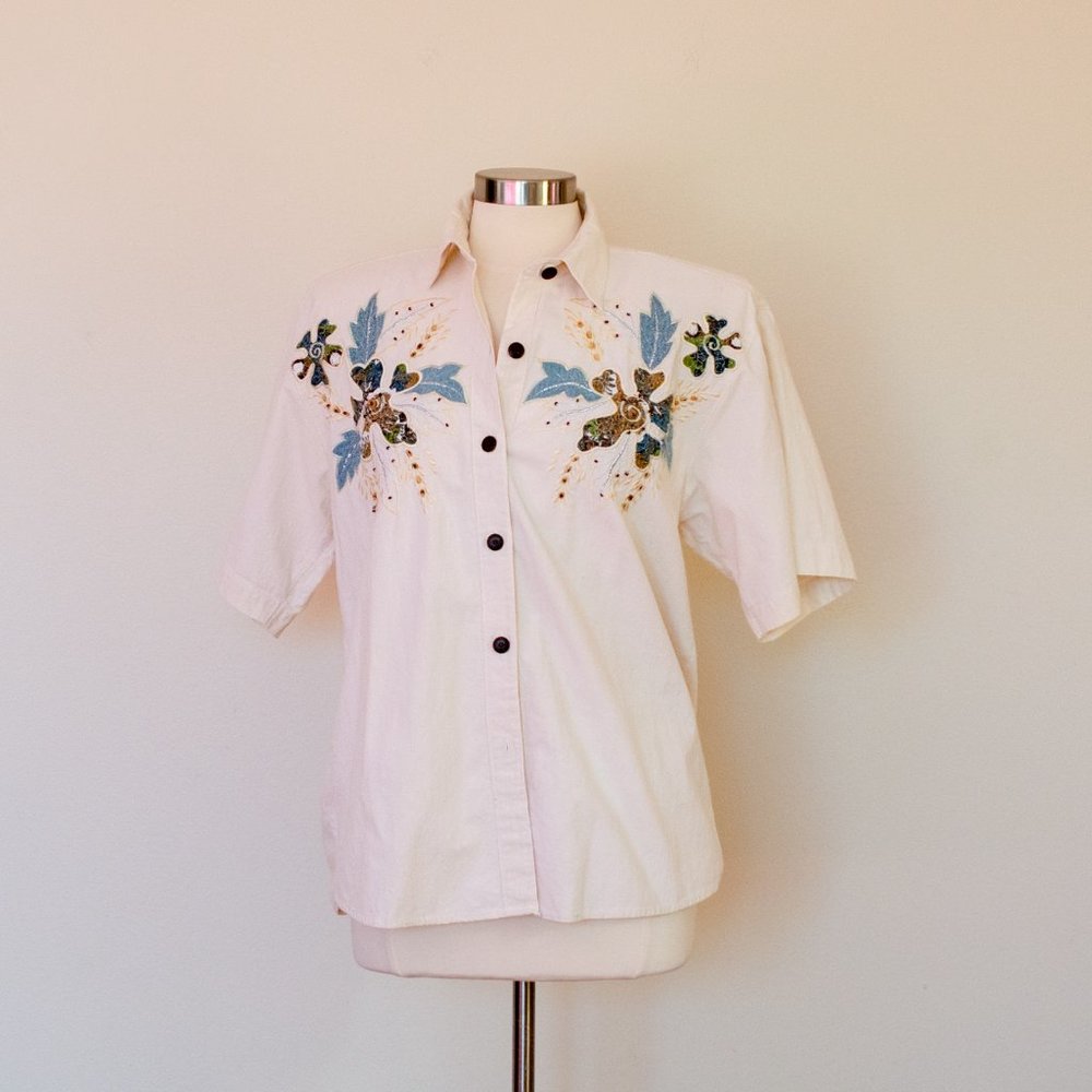 Vintage Jane Ashley Pearl Beaded Embroidered Cotton Shirt, 1990's Embellished - Picture 2 of 5